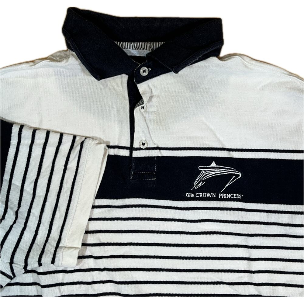 Crown Princess Cruise Ship Striped Polo Shirt Men Lrg Nautical Navy White Cotton
